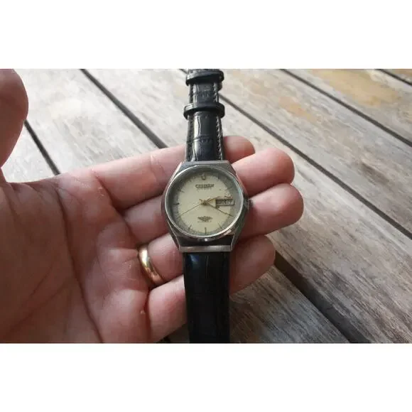 Vintage 1974 Citizen Automatic Mens Silver Watch W/daydate & Patina accents